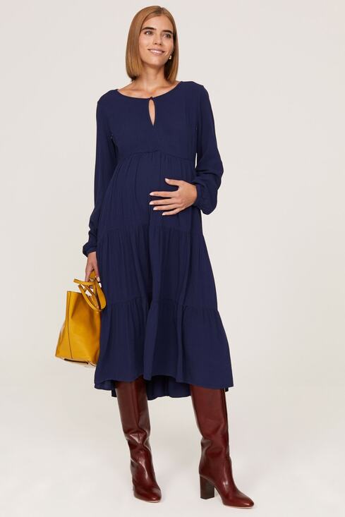 Nom Maternity Dresses & Skirts - NOM Margot Dress Maternity Blue Midi Long Sleeve Nursing Friendly Large Flowy